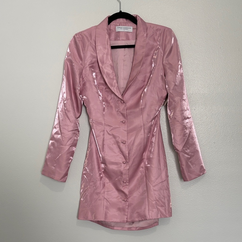 Naked Wardrobe Pink Satin Blazer Dress S – Open Back Cutout Mini Dress